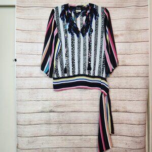 Diane Freis Blouse Tunic Georgette Striped Geometric Boho Black White VTG Size L
